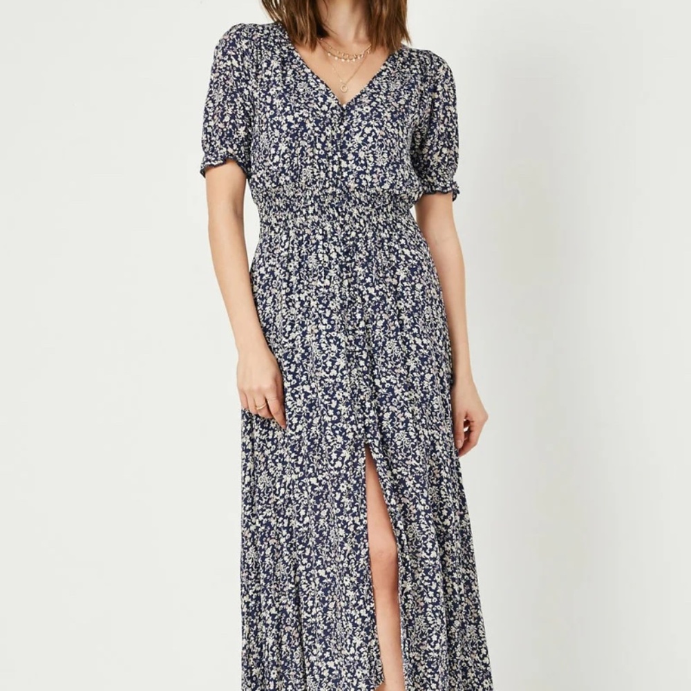 NWT Hayden Blue Floral Ruched Waist Maxi Dress Large